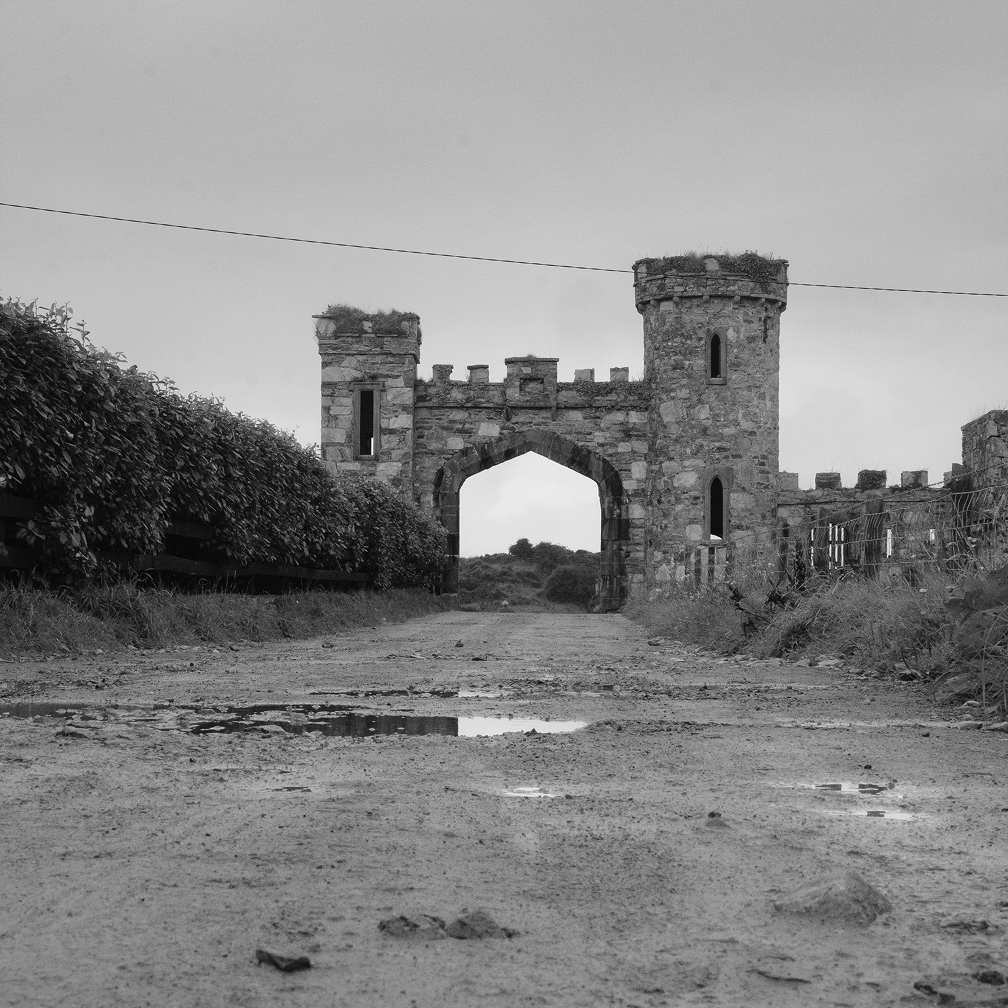 Image de château en noir et blanc.